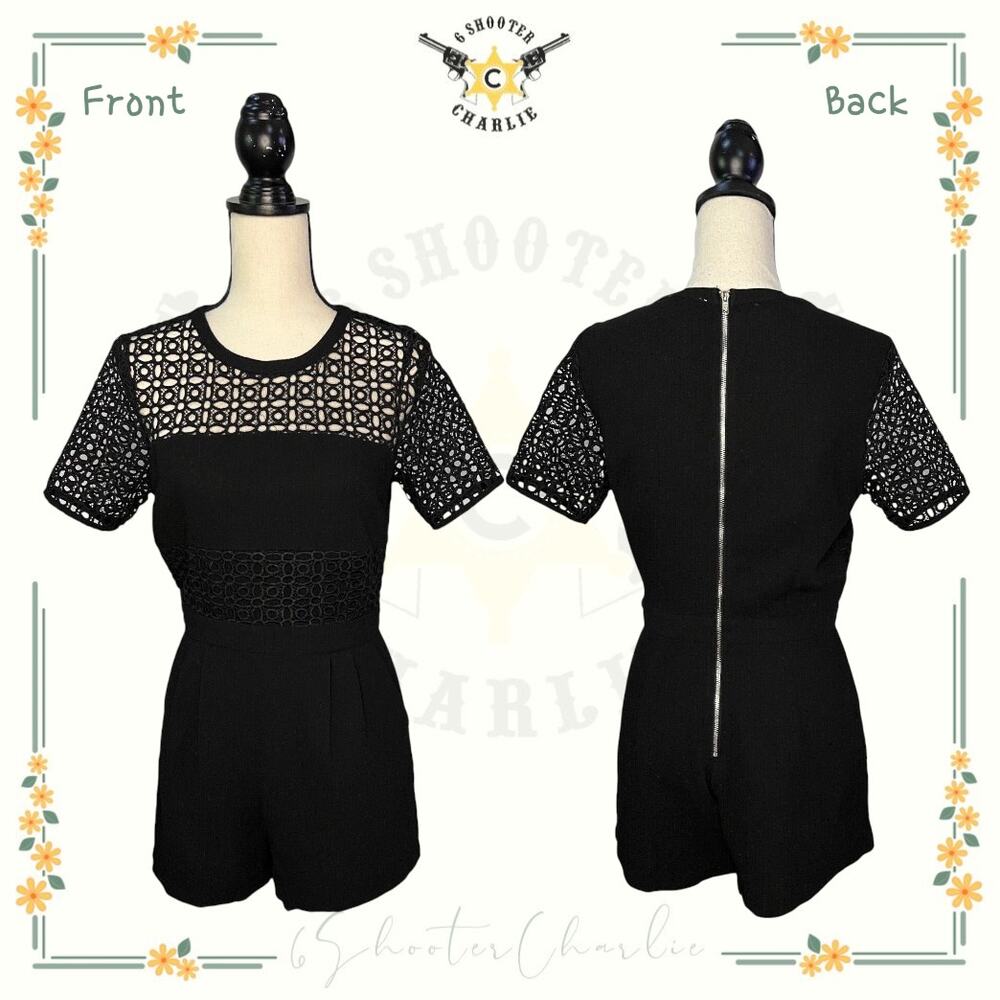 ALYTHEA Romper Women's Size S Black Short Sleeve Pockets Pleated Lace Shorts Zip